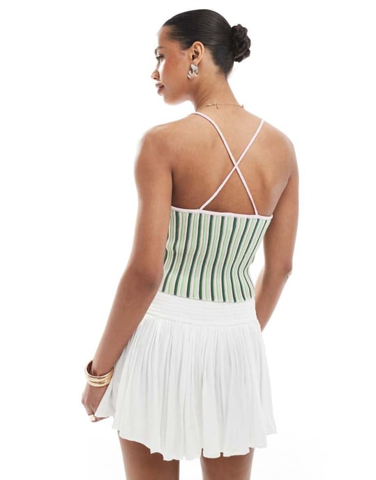 Pieces textured knit cropped top with cami straps in green stripe - Image 3