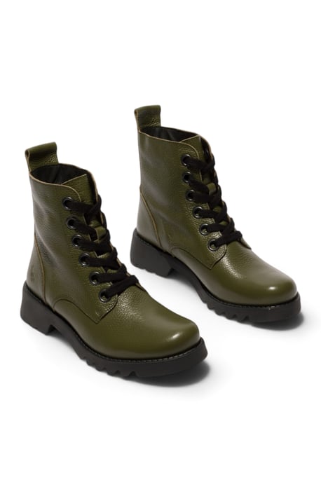 Fly London Womens Military Green Leather Lace-Up Heeled Ankle Boots - RAMY488 - Image 2