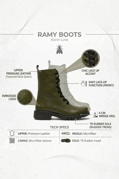 Fly London Womens Military Green Leather Lace-Up Heeled Ankle Boots - RAMY488 - Image 3