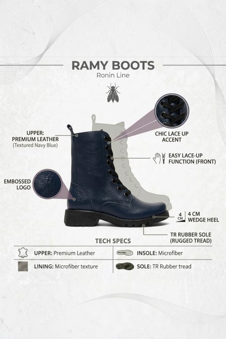 Fly London Womens Navy Blue Leather Lace-Up Heeled Ankle Boots - RAMY488 - Image 3