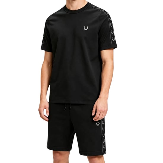 Fred Perry Men's Contrast Tape Ringer T-Shirt & Sweatshorts Tracksuit Set Black - Image 2
