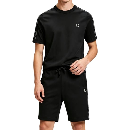 Fred Perry Men's Contrast Tape Ringer T-Shirt & Sweatshorts Tracksuit Set Black - Image 3