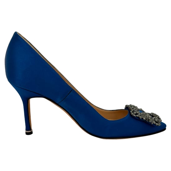Manolo Blahnik Hangisi Embellished Pumps in Blue Satin - Image 1
