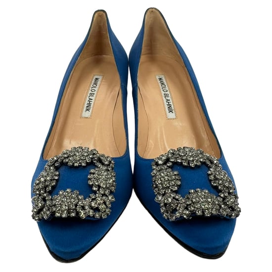 Manolo Blahnik Hangisi Embellished Pumps in Blue Satin - Image 2