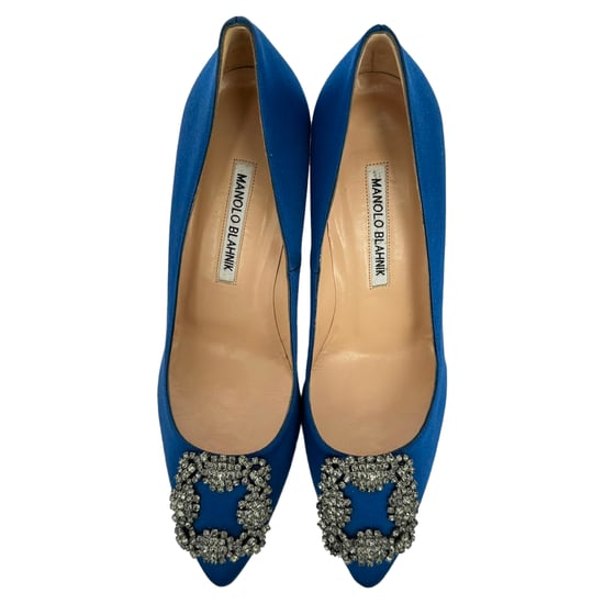 Manolo Blahnik Hangisi Embellished Pumps in Blue Satin - Image 4