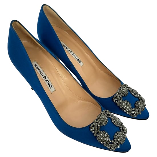 Manolo Blahnik Hangisi Embellished Pumps in Blue Satin - Image 5