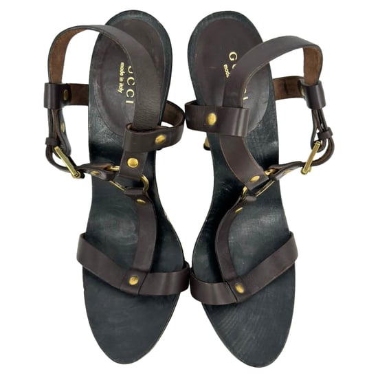Gucci Kylie T-Strap Sandal Heels in Brown Leather - Image 4