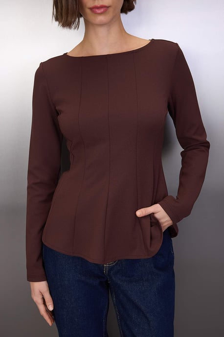 TRENDYOLMİLLA Dames Bruin Effen Lang Peplum Blouses - Image 2