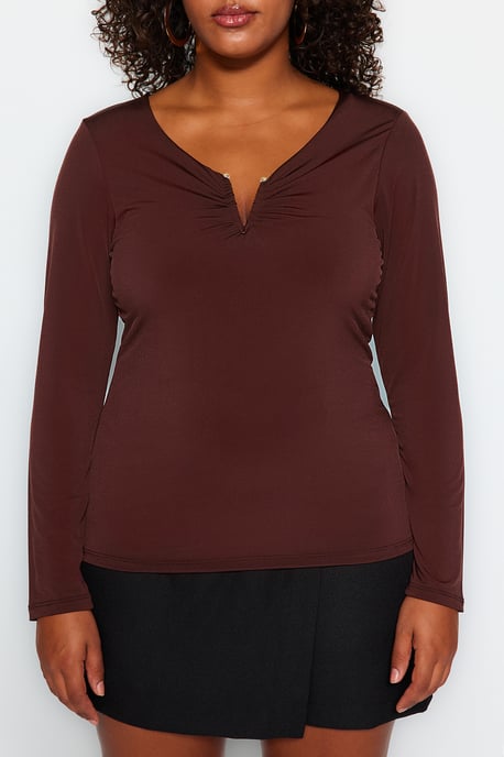 Trendyol Curve Dam Brun Enfärgad Lång Figursydd Plus size Blusar - Image 3