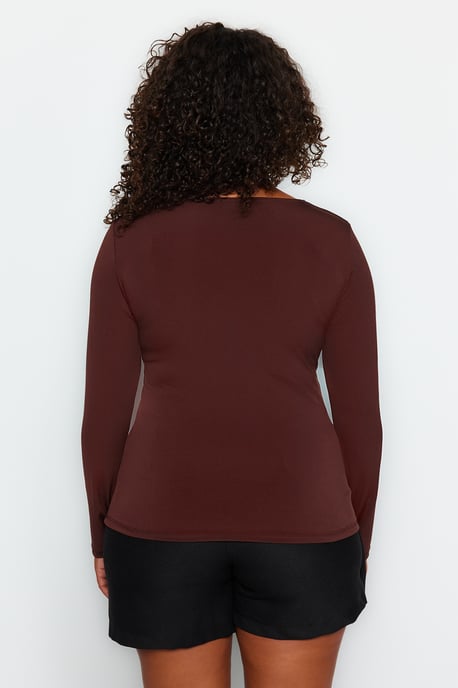 Trendyol Curve Dam Brun Enfärgad Lång Figursydd Plus size Blusar - Image 5