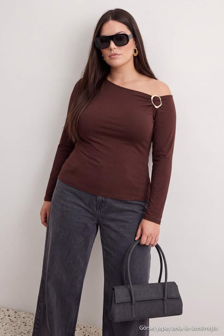 Trendyol Curve Dam Brun Enfärgad Lång Figursydd Plus size Blusar - Image 1