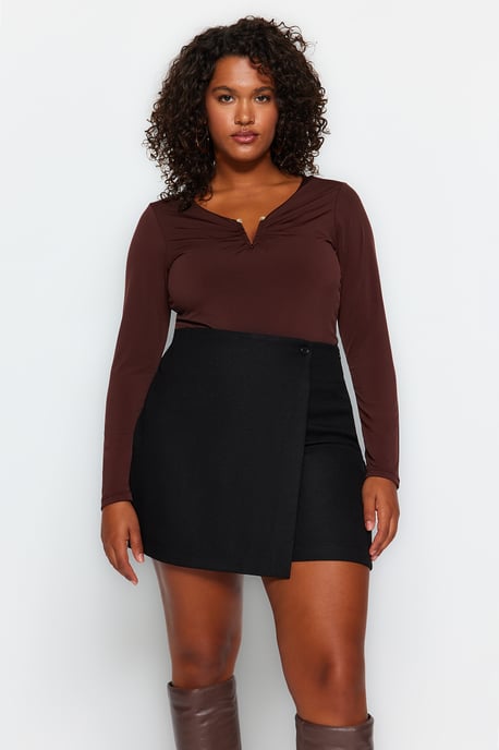 Trendyol Curve Dam Brun Enfärgad Lång Figursydd Plus size Blusar - Image 6