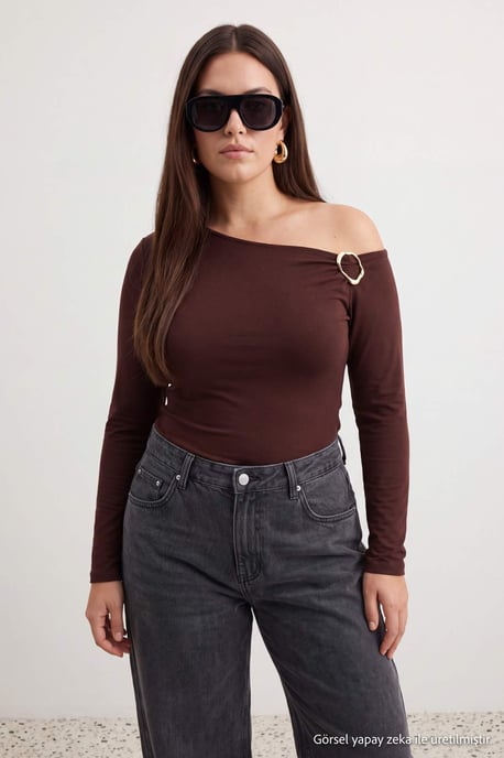 Trendyol Curve Dam Brun Enfärgad Lång Figursydd Plus size Blusar - Image 6