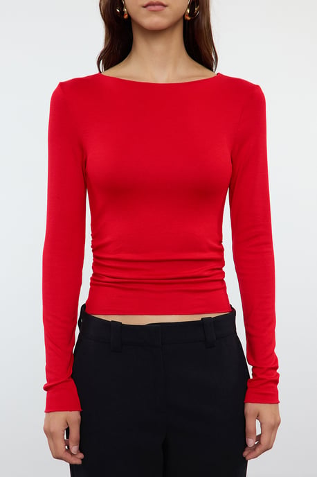 TRENDYOLMİLLA Dames Rood Effen Lang Getailleerd Blouses - Image 2