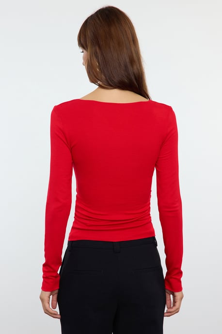TRENDYOLMİLLA Dames Rood Effen Lang Getailleerd Blouses - Image 4