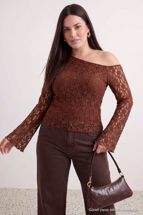 Trendyol Curve Dam Brun Enfärgad Lång Figursydd Plus size Blusar - Image 1