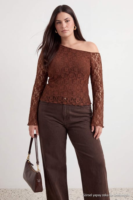Trendyol Curve Dam Brun Enfärgad Lång Figursydd Plus size Blusar - Image 6