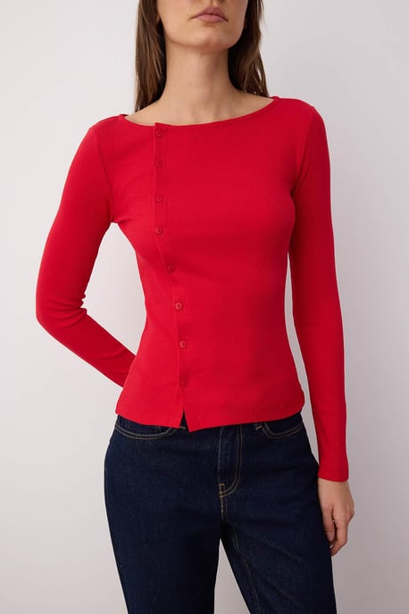 TRENDYOLMİLLA Dames Rood Effen Lang Getailleerd Blouses - Image 2