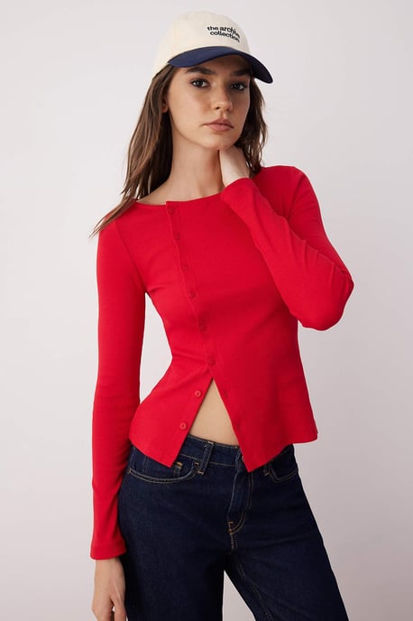 TRENDYOLMİLLA Dames Rood Effen Lang Getailleerd Blouses - Image 4
