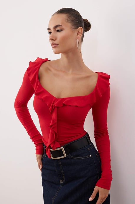 TRENDYOLMİLLA Dames Rood Effen Lang Getailleerd Blouses - Image 1