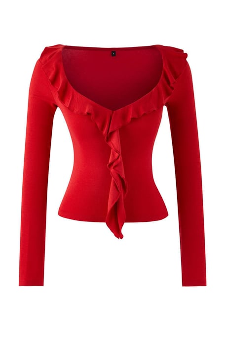 TRENDYOLMİLLA Dames Rood Effen Lang Getailleerd Blouses - Image 4