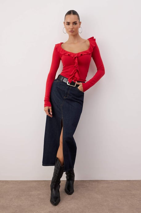 TRENDYOLMİLLA Dames Rood Effen Lang Getailleerd Blouses - Image 6