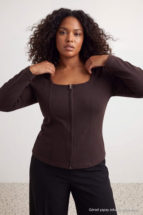 Trendyol Curve Dam Brun Enfärgad Lång Figursydd Plus size Blusar - Image 6
