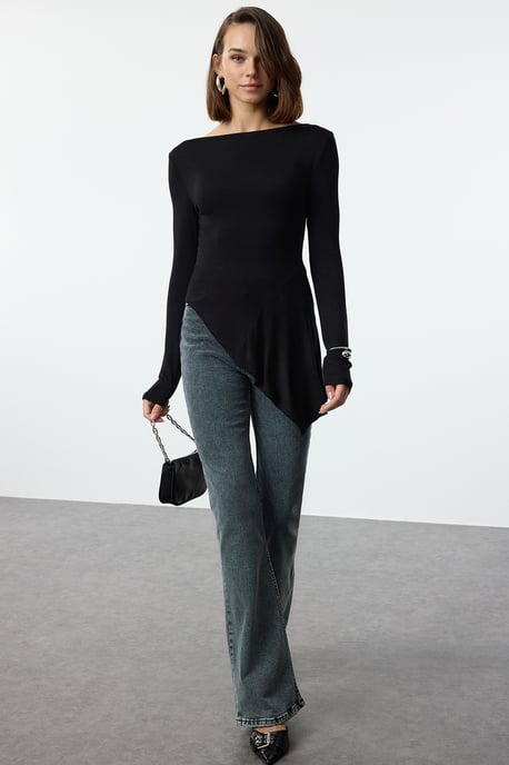 TRENDYOLMİLLA Dames Zwart Effen Lang Getailleerd Blouses - Image 1