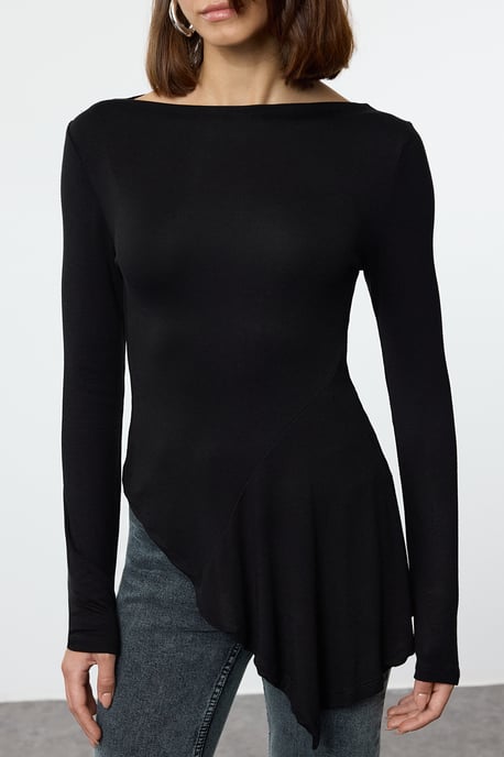 TRENDYOLMİLLA Dames Zwart Effen Lang Getailleerd Blouses - Image 2