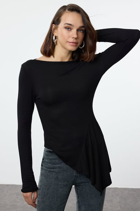 TRENDYOLMİLLA Dames Zwart Effen Lang Getailleerd Blouses - Image 5