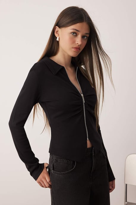 TRENDYOLMİLLA Dames Zwart Effen Lang Getailleerd Blouses - Image 1