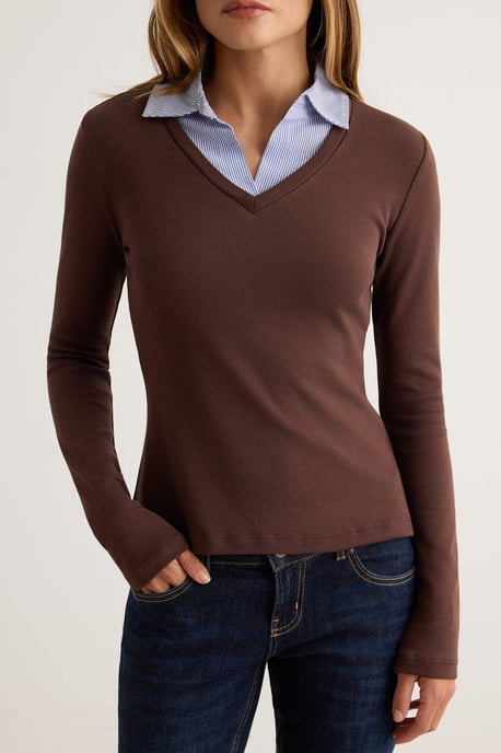 TRENDYOLMİLLA Women's Brown Color block Long Fitted Blouses - Image 2