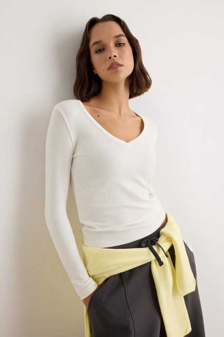 TRENDYOLMİLLA Dames Ecru Effen Lang Getailleerd Blouses - Image 2