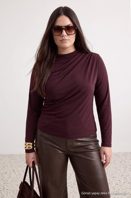Trendyol Curve Dam Brun Enfärgad Lång Figursydd Plus size Blusar - Image 2