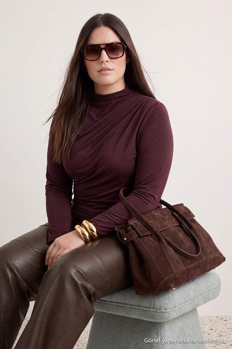 Trendyol Curve Dam Brun Enfärgad Lång Figursydd Plus size Blusar - Image 3