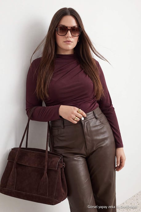 Trendyol Curve Dam Brun Enfärgad Lång Figursydd Plus size Blusar - Image 6