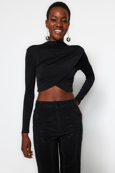 TRENDYOLMİLLA Dames Zwart Effen Lang Getailleerd Blouses - Image 2