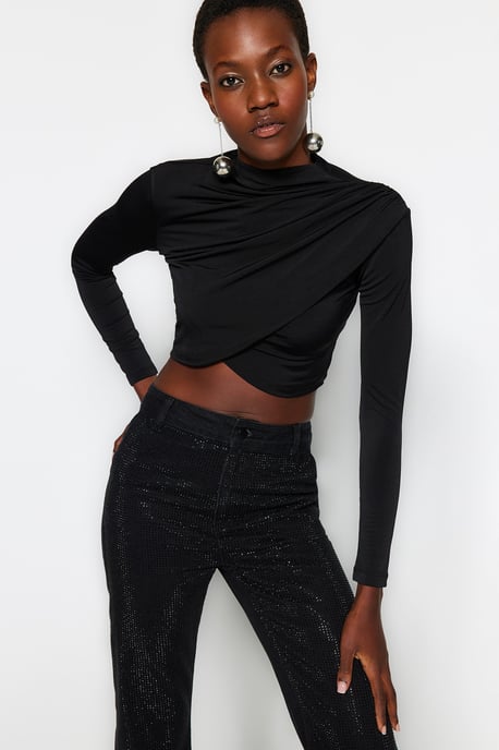 TRENDYOLMİLLA Dames Zwart Effen Lang Getailleerd Blouses - Image 6