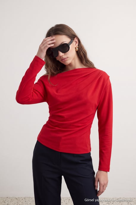 TRENDYOLMİLLA Dames Rood Effen Lang Getailleerd Blouses - Image 2