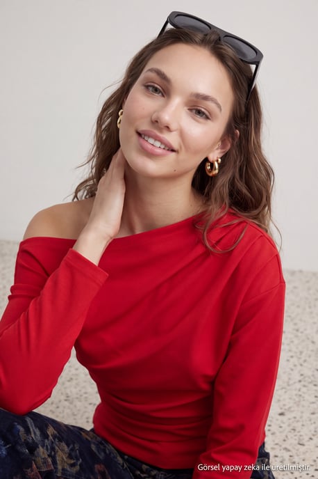 TRENDYOLMİLLA Dames Rood Effen Lang Getailleerd Blouses - Image 3