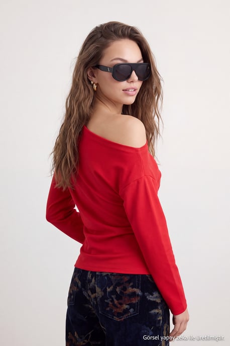 TRENDYOLMİLLA Dames Rood Effen Lang Getailleerd Blouses - Image 4