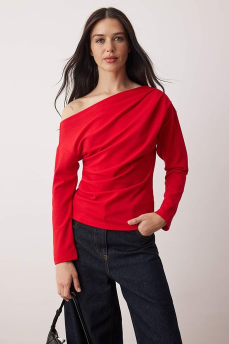 TRENDYOLMİLLA Dames Rood Effen Lang Getailleerd Blouses - Image 5