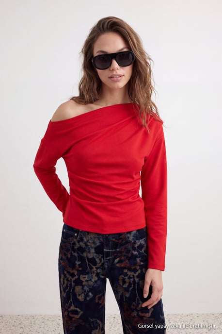TRENDYOLMİLLA Dames Rood Effen Lang Getailleerd Blouses - Image 6