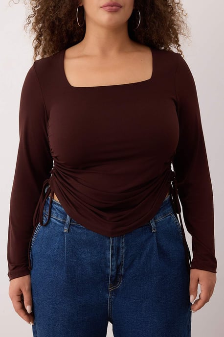 Trendyol Curve Dam Brun Enfärgad Lång Figursydd Plus size Blusar - Image 2