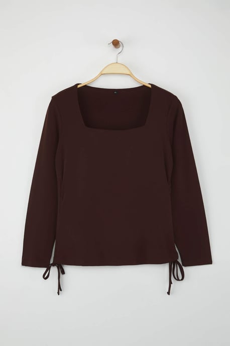 Trendyol Curve Dam Brun Enfärgad Lång Figursydd Plus size Blusar - Image 4