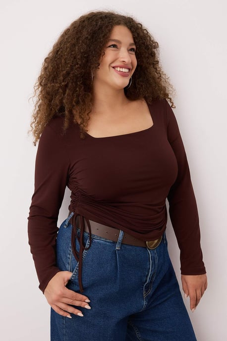 Trendyol Curve Dam Brun Enfärgad Lång Figursydd Plus size Blusar - Image 6