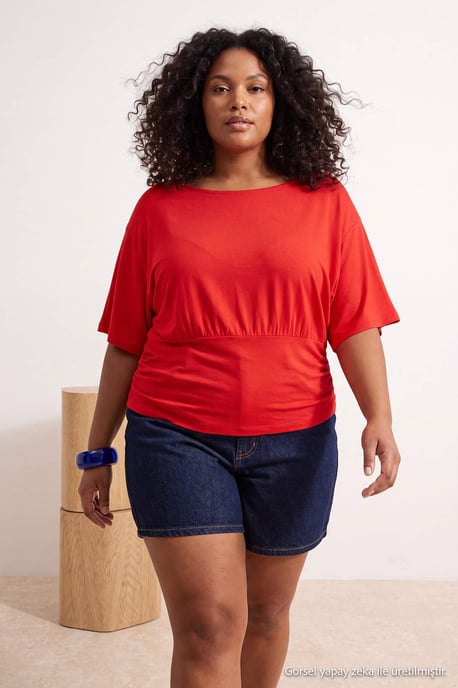 Trendyol Curve Dam Röd Randig Kort Regular fit Plus size Blusar - Image 6