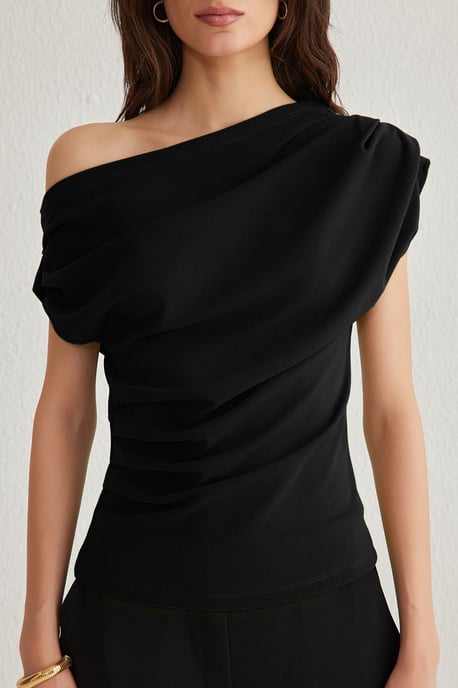 TRENDYOLMİLLA Dames Zwart Effen Kort Regular fit Blouses - Image 2