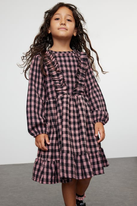TRENDYOLKIDS Flickor Rosa Rutig Kort / Mini Lång Casual Rak Klänningar - Image 1