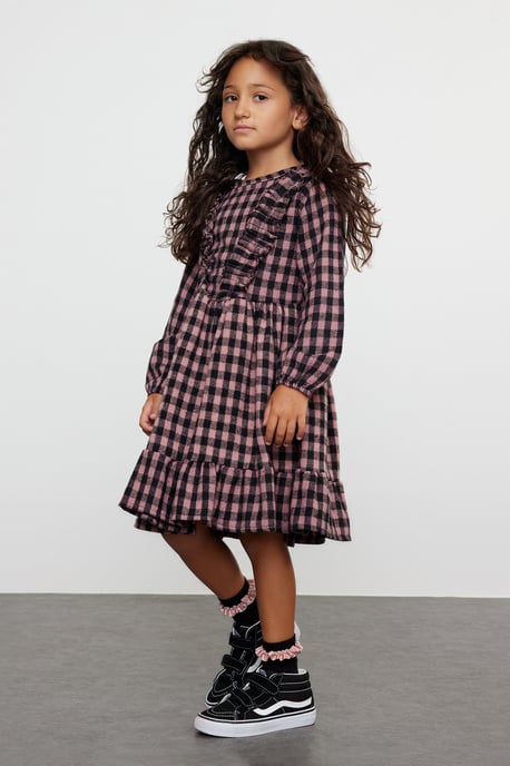 TRENDYOLKIDS Flickor Rosa Rutig Kort / Mini Lång Casual Rak Klänningar - Image 5